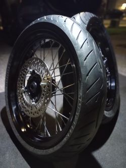 17×3 And 17×3.5 D.I.D. supermoto Rims With Preshly Powder coated Black Galaxy Hubs And Polished Chrome SpokES Wrapped Up In Literally BRAND NEW! TIRES