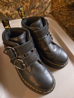 Doc Martenes Devon Heart Black Platform Pebbled Leather  Buckle Boots. At Bussey's flea market booths P115 and P116