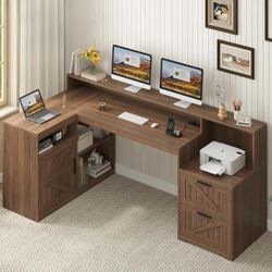 62.2" Brown Farmhouse L Shaped Desk with Drawers with Storage Shelves and Power Outlet, L Shaped Computer Desk with Monitor Stand and Printer Shelf, B