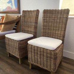 Two pre-owned original and discontinued RH handwoven rattan  Provence High Back Side Chairs with its cushions