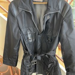 Montezemolo Italy Mens Leather Trim Black Belted Coat Sz L Rare