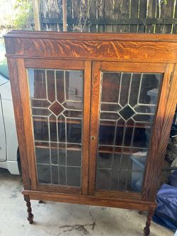 Antique Oak Bookcase with Leaded Glass Doors