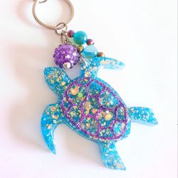 Teal blue purple glitter turtle keychain purse charm with agate beads new handmade 