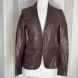 BOSS-HUGO BOSS, CLASSIC BROWN  LEATHER WOMEN’S JACKET SIZE US/4  IT/38  FR/36