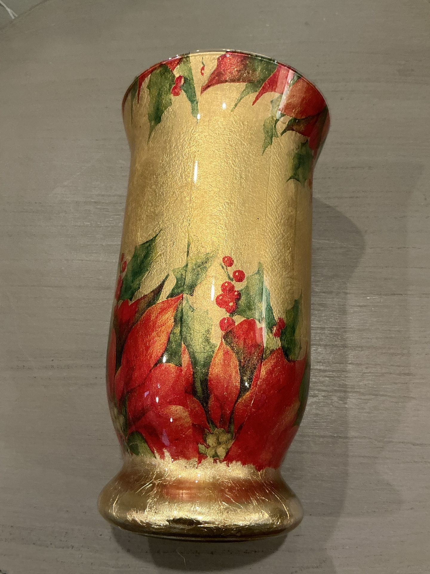 Glass and Decoupage Poinsettia Holly Flower Vase 9.5" Gold Green Red