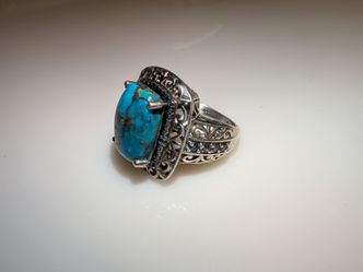 Vintage 925 Sterling Silver Filigree Turquoise And Amethyst Ring Size 6.5