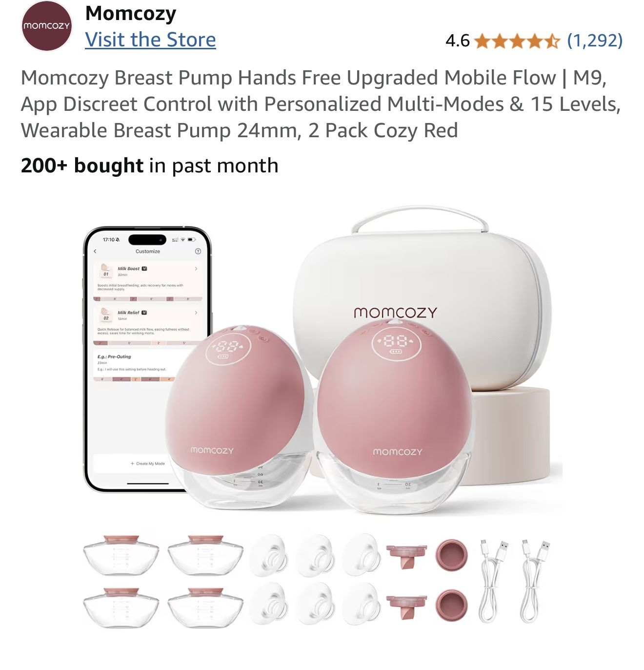 Momcozy Breast Pump Hands Free Upgraded Mobile Flow | M9, App Discreet Control with Personalized Multi-Modes & 15 Levels, Wearable Breast Pump 24mm, 2