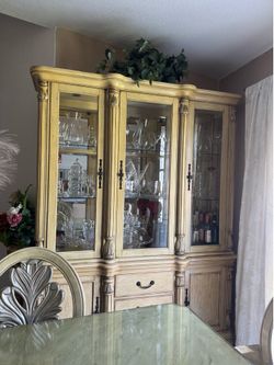 Large Solid Wood Lighted China Cabinet / Display Hutch