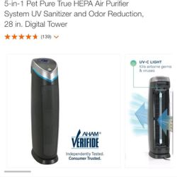 5 In 1 Pet Pure True Hepa Air Purifier System Uv Sanitizer And Odor Reduction, 28 Inch Digital Tower. Brand New.