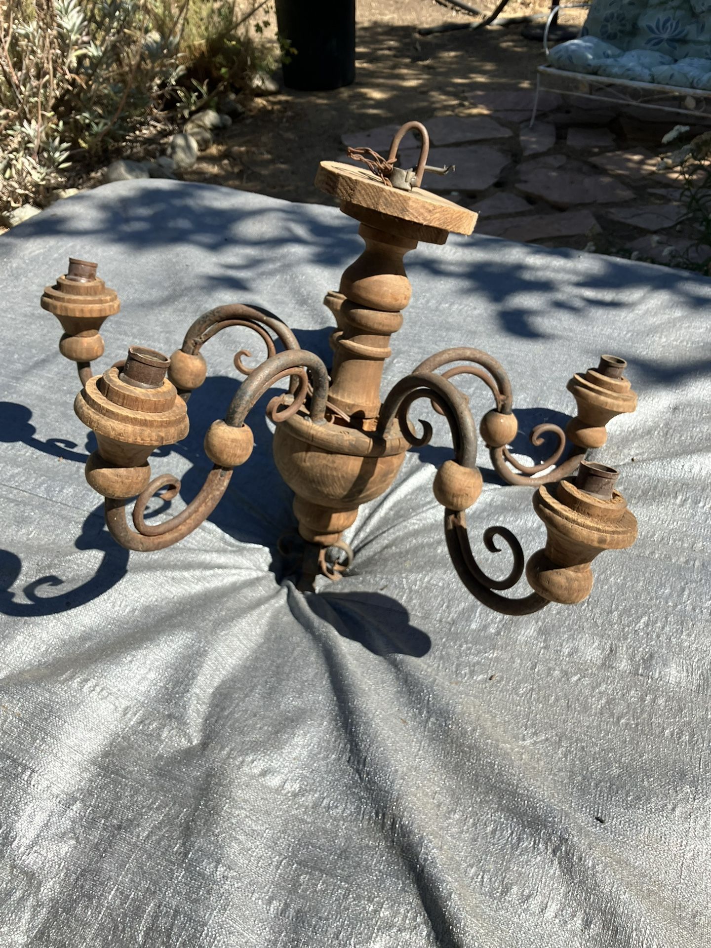 Rustic Wrought Iron and Wood Chandelier