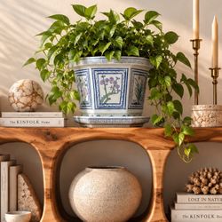 Vintage Porcelain Blue & White Asian Chinoiserie Urn Collectible Vintage Jardiniere  Hexagonal Planter w/ Saucer