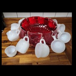  Jeannette Ruby Red Della Robbia Fruit Punch Bowl Set  w/ 12 Shell Milk Glass Cup