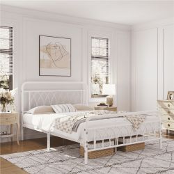 Alden Design Metal Platform Bed Frame with Headboard and Footboard, Queen, White