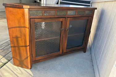 Wood TV Stand Cabinet with Slate and Glass Doors