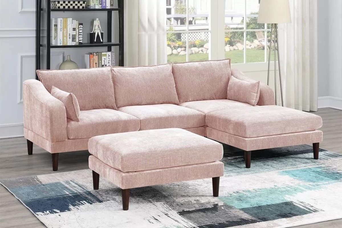 Brand New Pink Modern Style Modular Sectional Sofa w Ottoman
