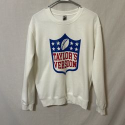 Gildan White Crew Neck Sweater with football Blue and Red Graphic