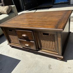 Rustic Wood Coffee Table & Matching End Table with Wicker Baskets