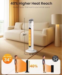 34" Space Heater for Indoor Use, Tower Heater for Large Room, White 1500W PTC, 70° Oscillation, Remote, 60–90°F Thermostat, 12H Timer, Quiet Heating, 