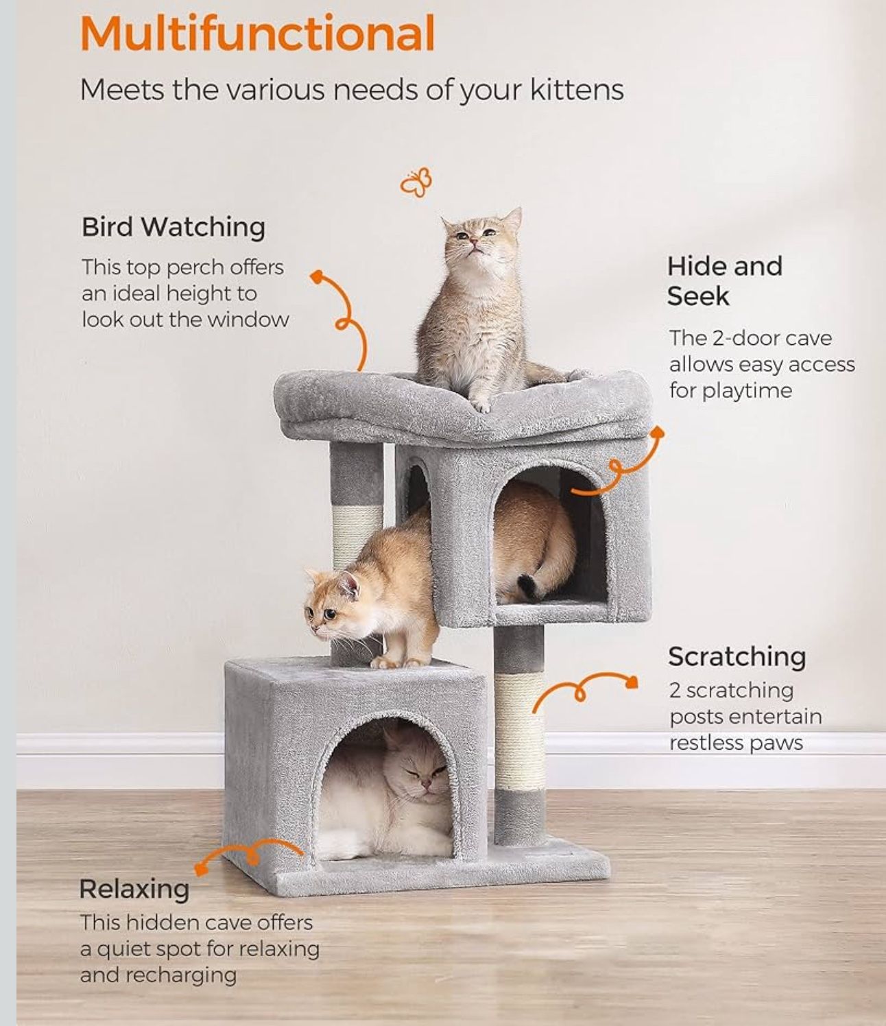 Cat Tree, 26.4-Inch Cat Tower, S, Cat Condo for Kittens up to 7 lb, Large Cat Perch, 2 Cat Caves, Scratching Post, Light Gray UPCT611W01