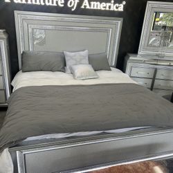New Elegant Grey Crystal Trim Bed With LED Lights.  Free Delivery!