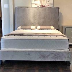 NEW Beautiful Grey Full Size Velvet Bed Frame