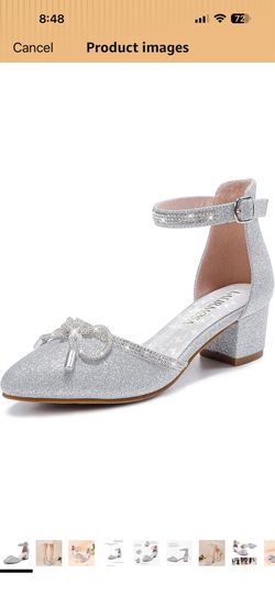 LAURMOSA Girls Sandals Closed Toe High Heels Pointed Toe Ankle Strap Pumps Flower Girl Dressy Shoes in Wedding Party Cute Bowknot Chunky Block Heeled 