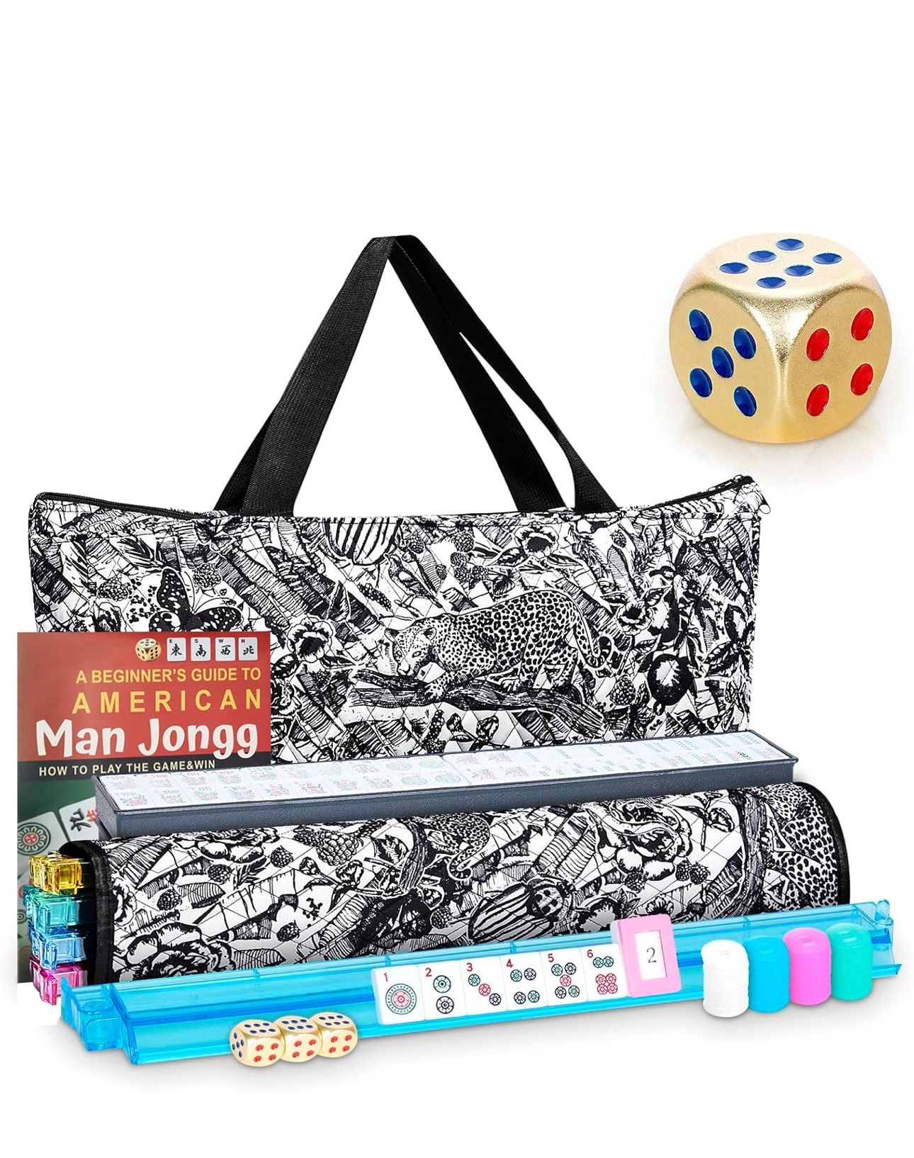 American Mahjong Game Set, 166 Premium White Tiles with Portable Metal Dices, 4 All-in-One Racks with Pushers, Mah-Jong Games Sets, Ma Jong Tile Game