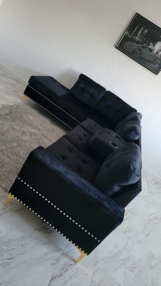 Black Sectional Sofa Velvet New Cup Holders Reversible Format NEW