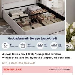 Allewie Queen Size Lift Up Storage Bed, Modern Wingback Headboard, Hydraulic Support, No Box Spring Needed, Light Beige