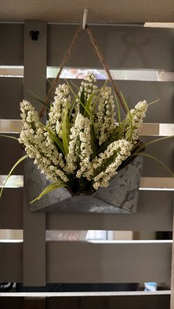 Galvanized Metal Hanging Planter with Faux Flowers