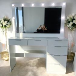 Lager Makeup Vanity with Hollywood Lights Built-in, 6 Drawers, Wide Hollywood Mirror, Glam Glass Top