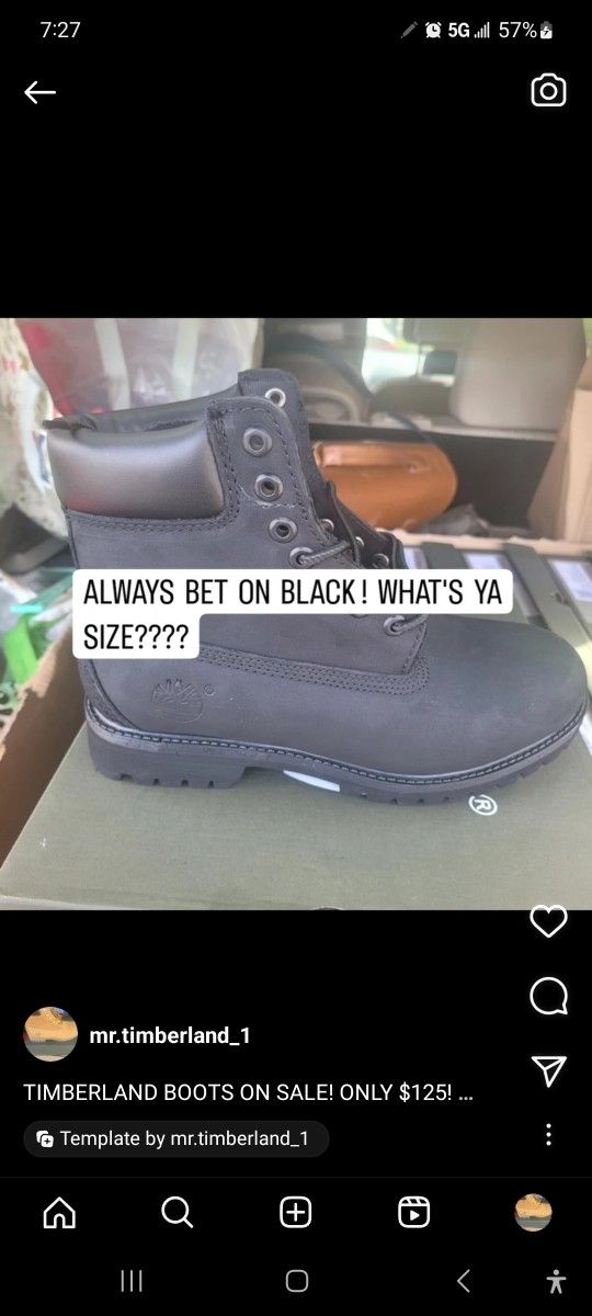 TIMBERLAND BOOTS ON SALE (Black )
ONLY $100   Sizes AVAILABLE     12    WHEN INTERESTED LET ME KNOW ASAP