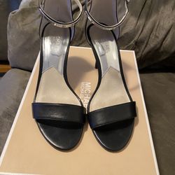 MICHAEL KORS SHOES HEEL SANDAL KRISTEN MID ANKLE BLACK LEATHER SILVER 2024 SZ 8.5