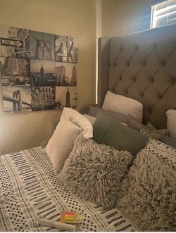 Queen-Size Gray Tufted Upholstered Bed Frame – $125