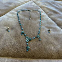 Turquoise Blue Floral Jewelry Set - Y-Necklace & Matching Earrings