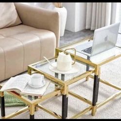 3 Pieces Square Nesting Glass End Tables, Golden Stainless Steel Small Coffee Table Set, Acrylic Met