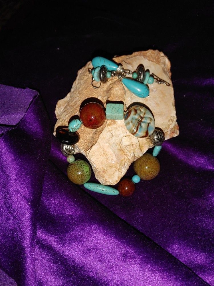 Turquoise(faux) & Stone Bracelet & Earrings