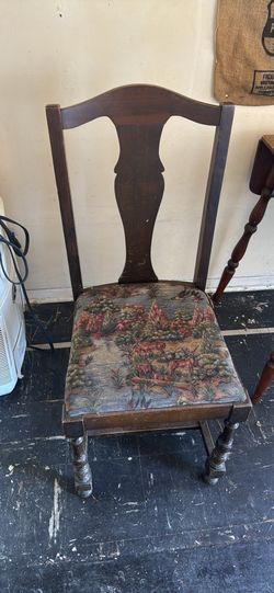 antique Queen Anne style chair with dear pheasant patterned needlepoint seat