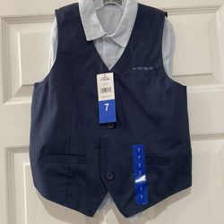 Young Boys Light Blue Button Up With Navy Blue Vest