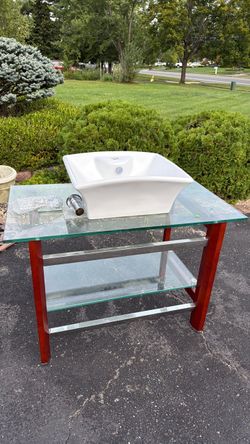 Glass Vanity Stand with Vessel Sink and Faucet