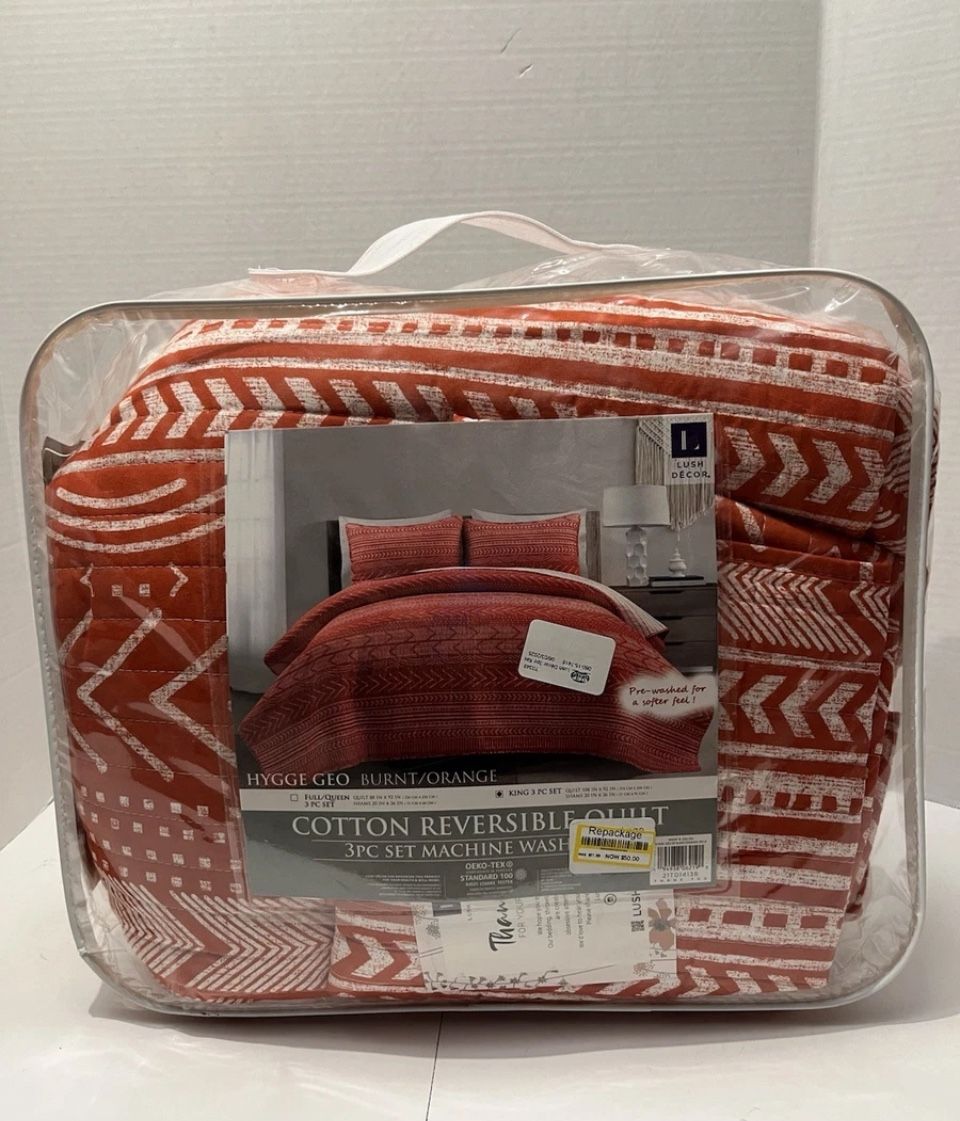 Hygge Geo Burnt/Orange Cotton Reversible Quilt 3 Pc Set Machine King Set