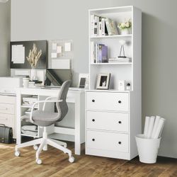 Vertical File Cabinet, 3-Tier Modern Bookshelf with 3 Large Drawer, Wood Filing Cabinet with Open Storage Shelf, Glass Doors and Adjustable Shelves fo