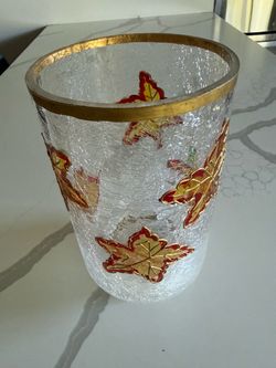 Vintage Crackle Glass Vase Gold Rim Raised Autumn Maple Leaves Fall Decor 11”