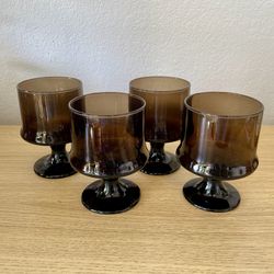 Vintage Libbey Impromptu Smokey Brown Stemmed Glasses Set Of 4 MCM Wine Barware