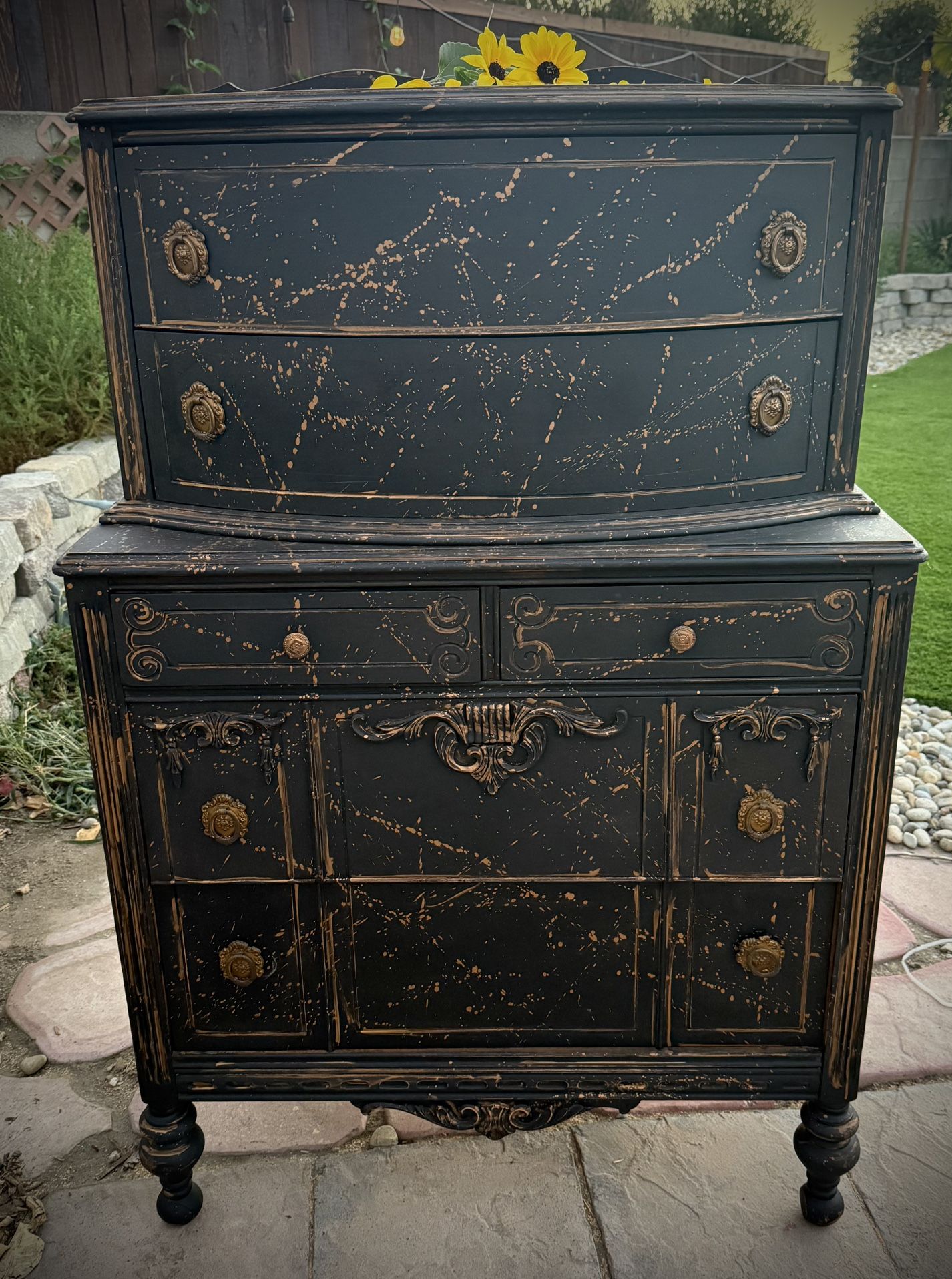 Vintage Tall Dresser Painted Black With Copper/Gold Accent