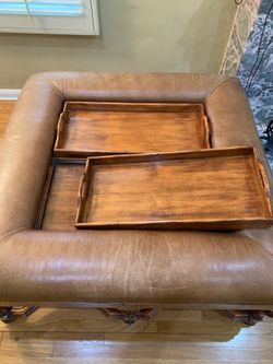 Oversized Leather Ottoman Coffee Table w/ Solid Wood Base + Trays