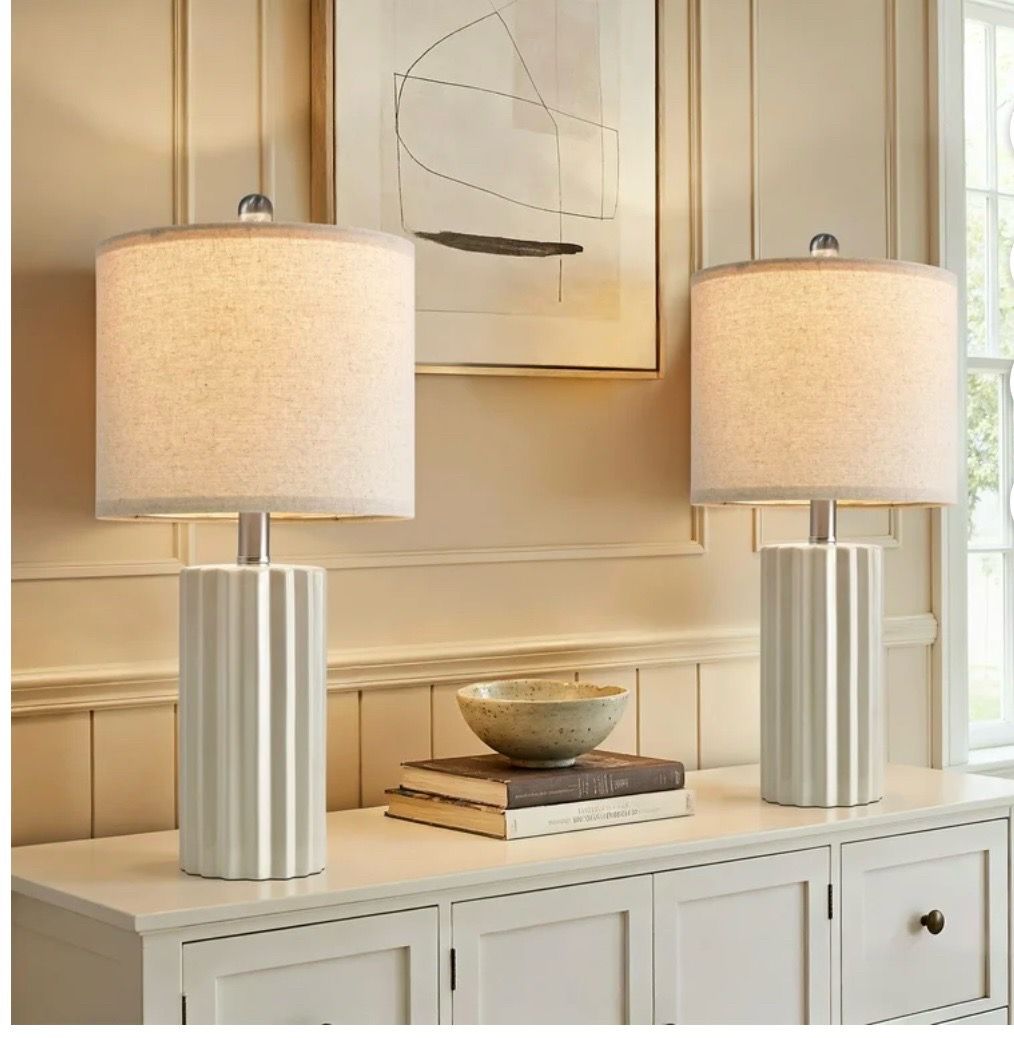 Modern Beige Ceramic Table Lamp Set of 2 for Living Room Bedroom 21" Farmhouse Nightstand Bedside Lamps