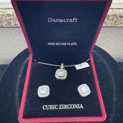 NIB Danecraft Sterling Silver Plate and Cubic Zirconia Necklace and Earring Set