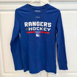 Reebok Youth L 14-16 New York Rangers Shirt Long Sleeve NHL Hockey Center Ice