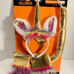 New! Gold Unicorn 5 pc Halloween Costume - Cuffs Choker Tail Bowtie Horn